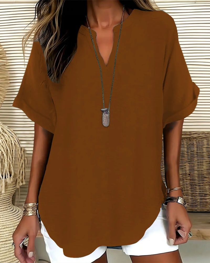 Relaxed V-Neck Short Sleeve Blouse