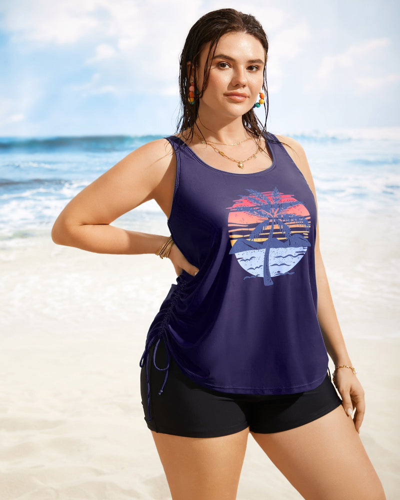 Island Print Drawstring Adjustable Swim Top