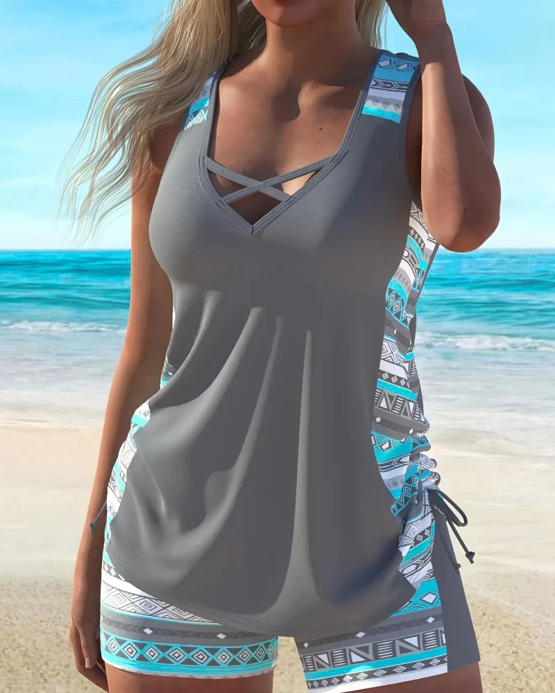 Women's Boho Print Tankini Set Cross Strap Drawstring Swimwear