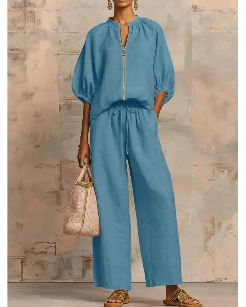 Women’s Lounge Set, Zip Top & Wide Leg Pants 2-Piece Casual Outfit