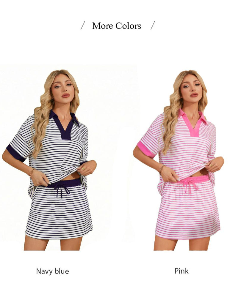 2-Piece V-Neck Polo Skort with Built-in Shorts