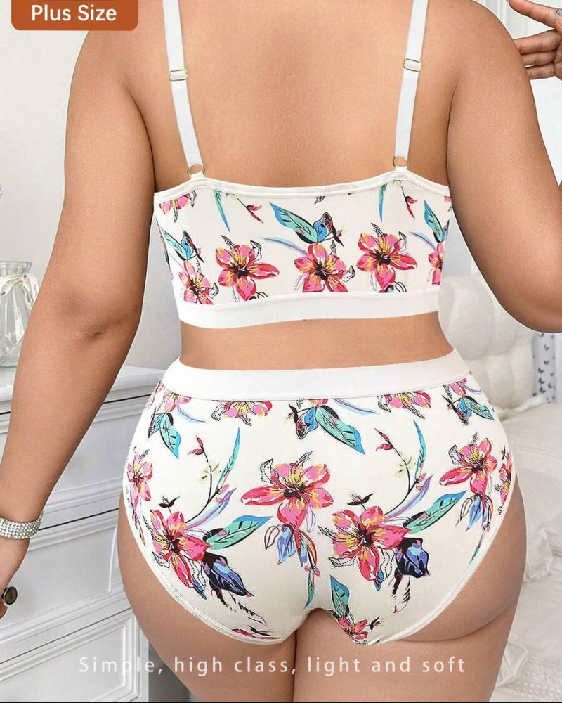 Wireless Plus Size Floral Lingerie Set, Soft & Cozy Fit