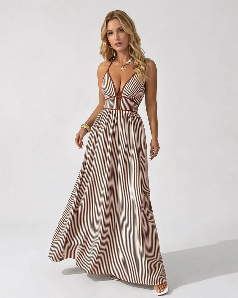 Women’s Pinstripe V-Neck Halter Maxi Dress – Summer Beachwear