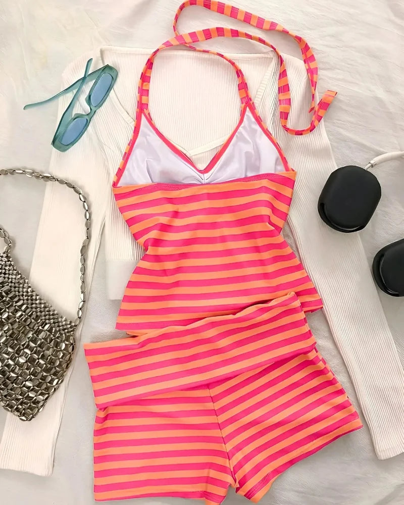 Striped Tankini – Halter Crop Top & Boyshorts Beach Vacation Sporty