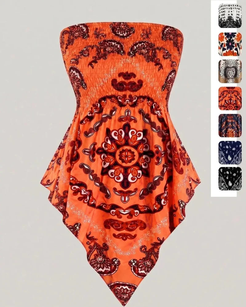 Boho Plus Size Ethnic Print Tube Top Asym Hem