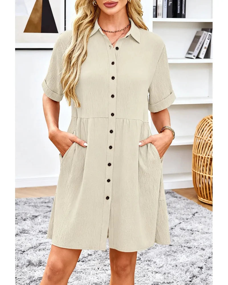 Textured Button-Down Flowy Mini Dress with Pockets