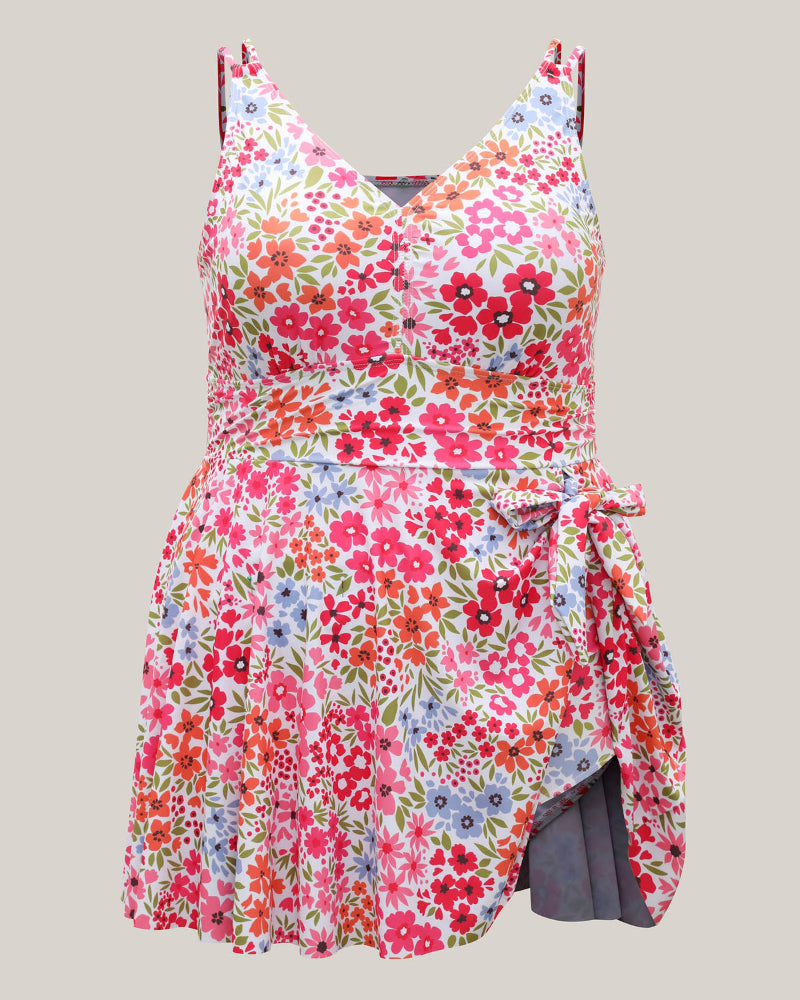 Floral Tie-Front Swim Dress with Knot Detail and Bloom Print