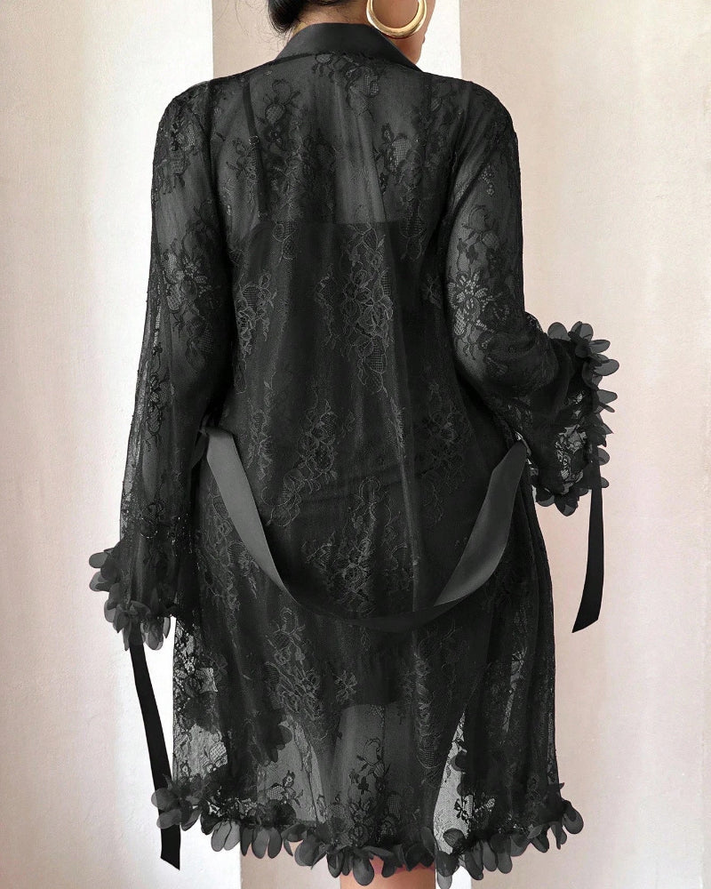 Plus size Lace Cami Nightgown & Floral Lace Trim Wide Sleeve Sheer Robe