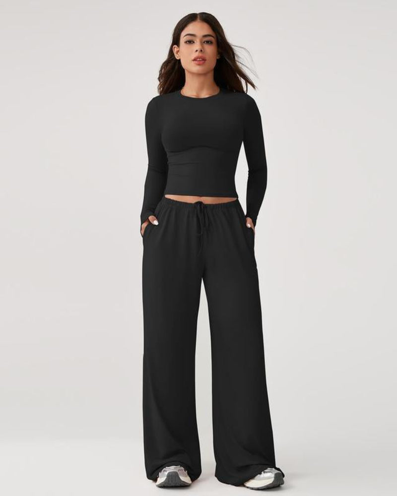 Women’s 2-Piece Activewear Set: Long-Sleeve Crop Top & Wide-Leg Pants | Stretchy Yoga/Workout/Running Clothes