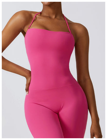 Women’s Halter Neck Bodycon Flare Jumpsuit – Stretchy, Butt-Lifting Activewear