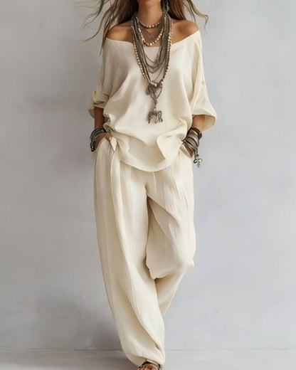 Summer Linen Set Relaxed Fit Top & Wide-Leg Pants Effortless Casual Wear