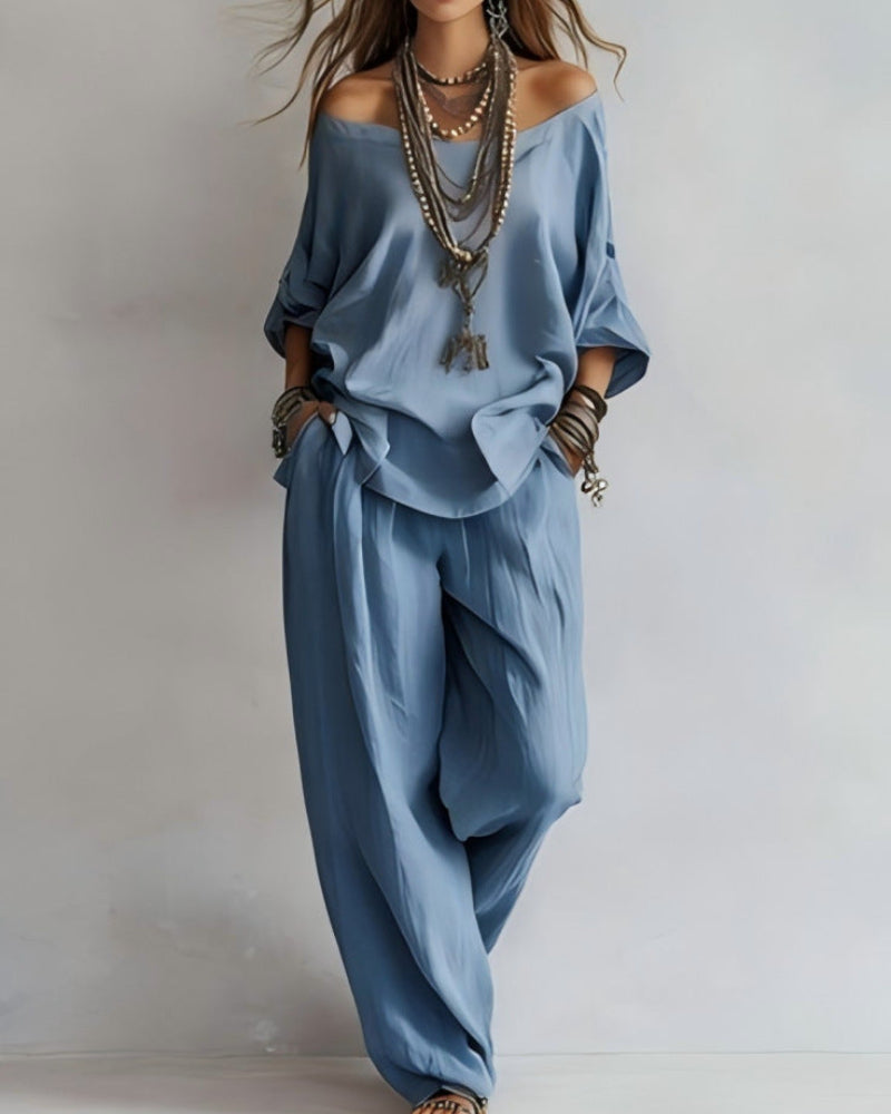 Summer Linen Set Relaxed Fit Top & Wide-Leg Pants Effortless Casual Wear