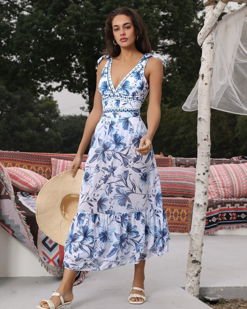 Shapecurve® V Neck Lace Up Strip Plant Prints One Piece Swimsuit and Skirt/Sarong