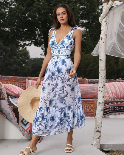 Shapecurve® V Neck Lace Up Strip Plant Prints One Piece Swimsuit and Skirt/Sarong