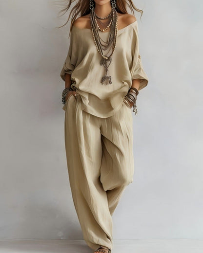 Summer Linen Set Relaxed Fit Top & Wide-Leg Pants Effortless Casual Wear