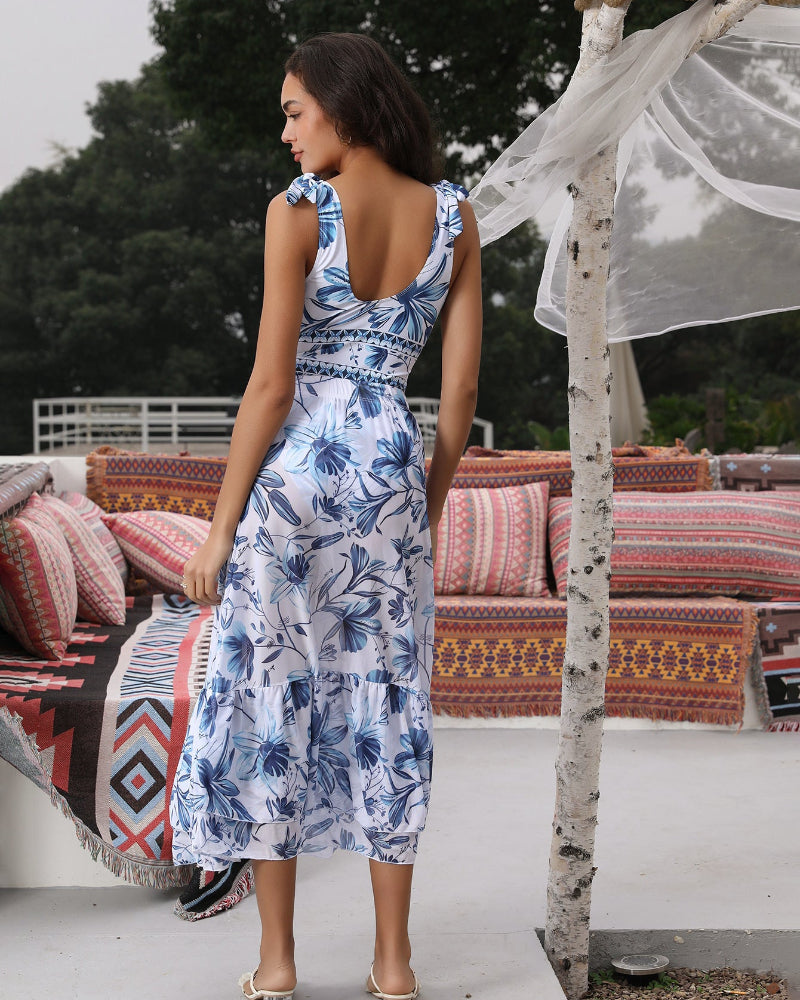 Shapecurve® V Neck Lace Up Strip Plant Prints One Piece Swimsuit and Skirt/Sarong