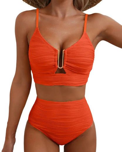 2 Piece Tummy Control  Bikini Set U-Wire Cutout Swimsuit