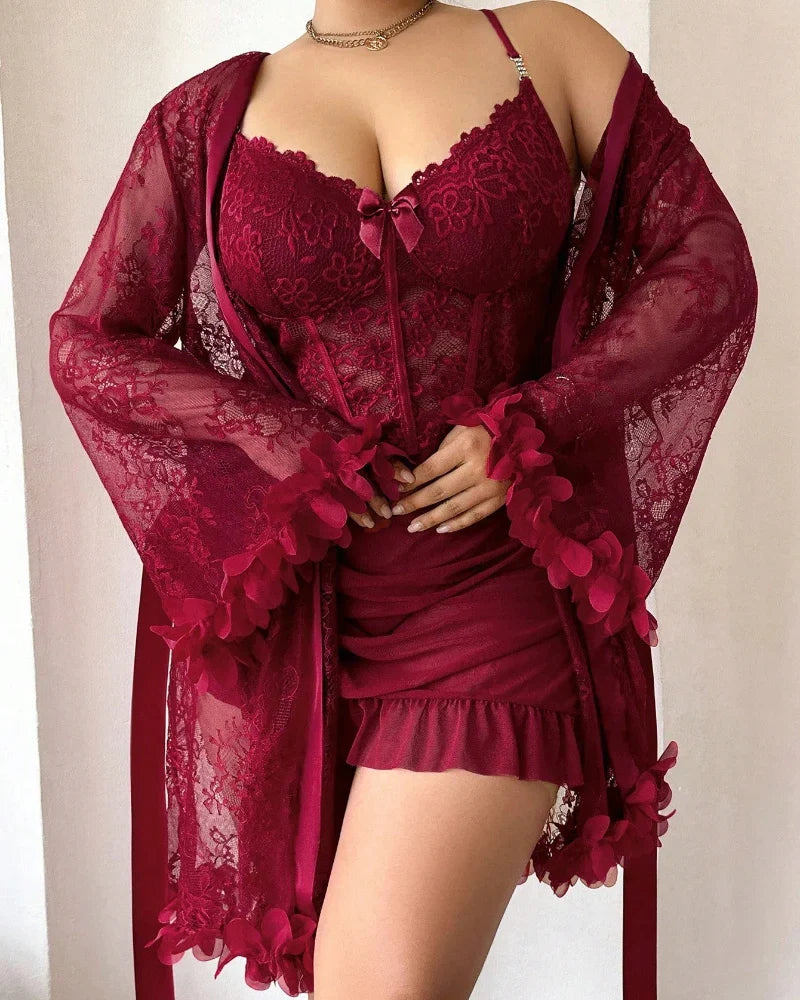 Plus size Lace Cami Nightgown & Floral Lace Trim Wide Sleeve Sheer Robe