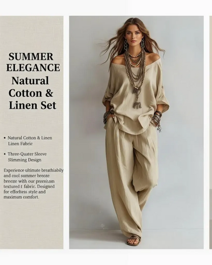 Summer Linen Set Relaxed Fit Top & Wide-Leg Pants Effortless Casual Wear
