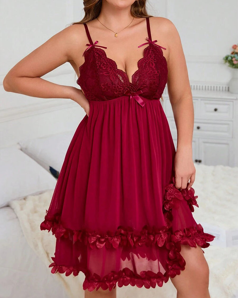 Sexy Plus Size 3D Floral Lace Sheer Camisole Nightdress