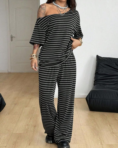 Striped Off-Shoulder Wide-Leg Two-Piece Set