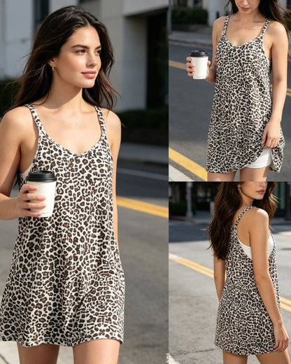 Leopard Print Athletic Mini Dress with Built-In Shorts & Pockets