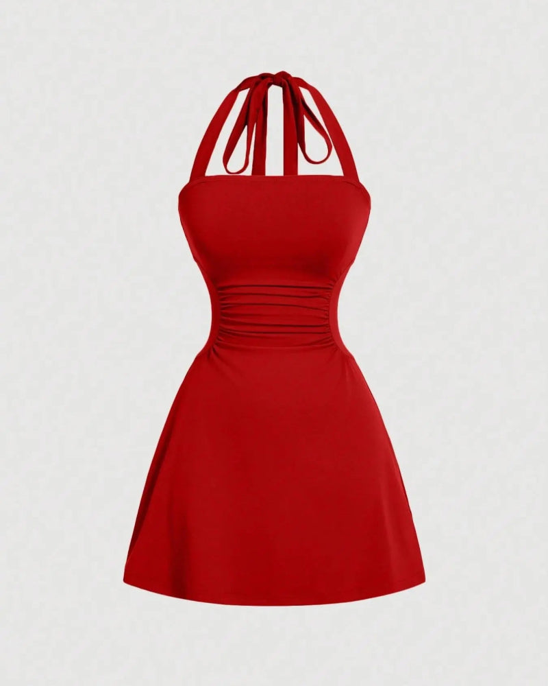 Ruched Tie-Back Halter A-Line Dress