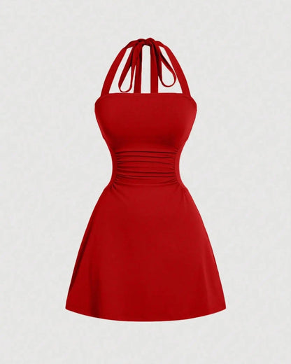 Ruched Tie-Back Halter A-Line Dress