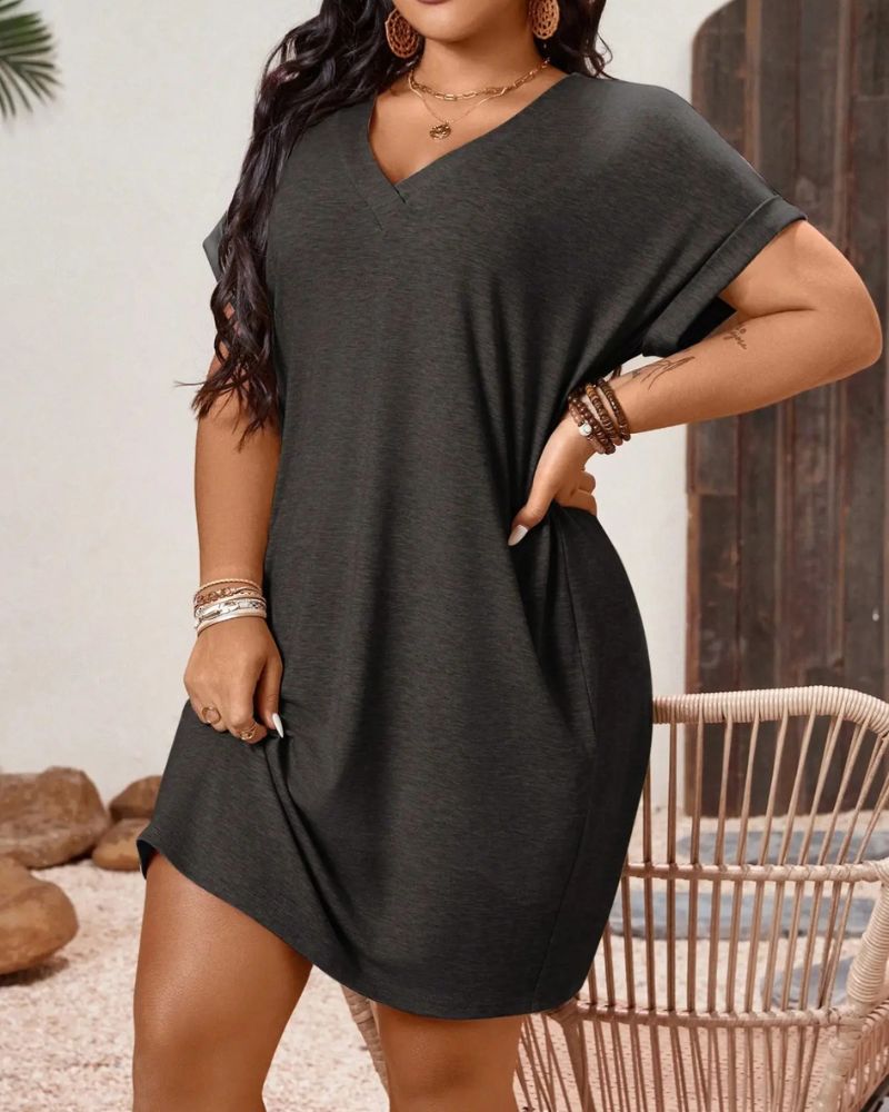 Plus Size V-Neck Batwing Sleeve T-Shirt Dress