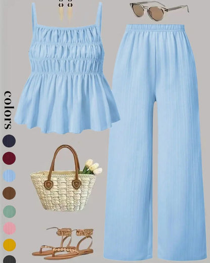 Solid Color Cami Top & Wide-Leg Pants Two-Piece Set