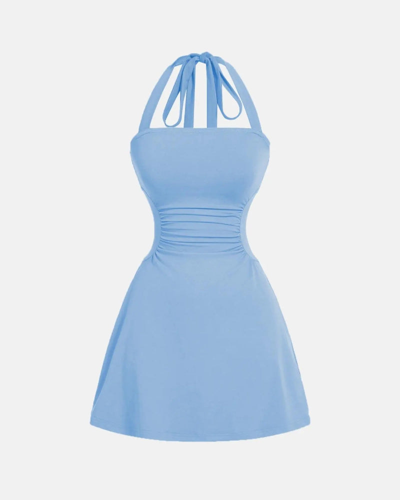 Ruched Tie-Back Halter A-Line Dress