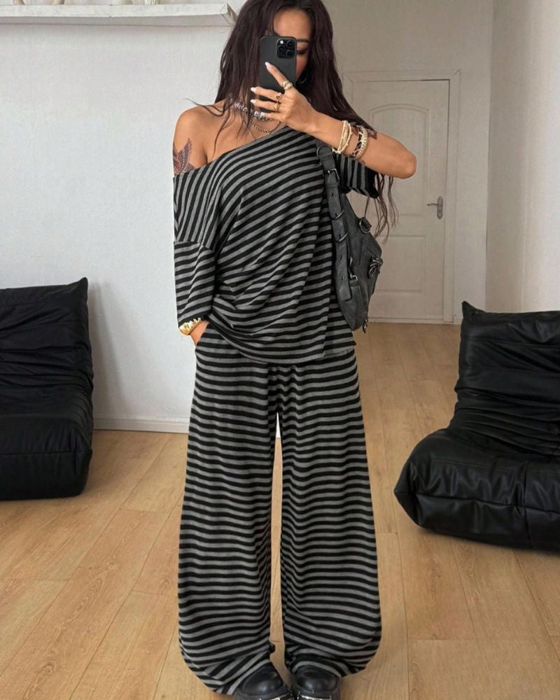 Striped Off-Shoulder Wide-Leg Two-Piece Set