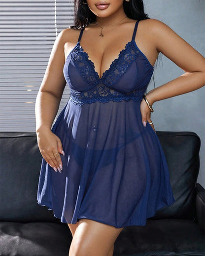Plus Size Sexy Sheer Lace Cami Dress with Panty