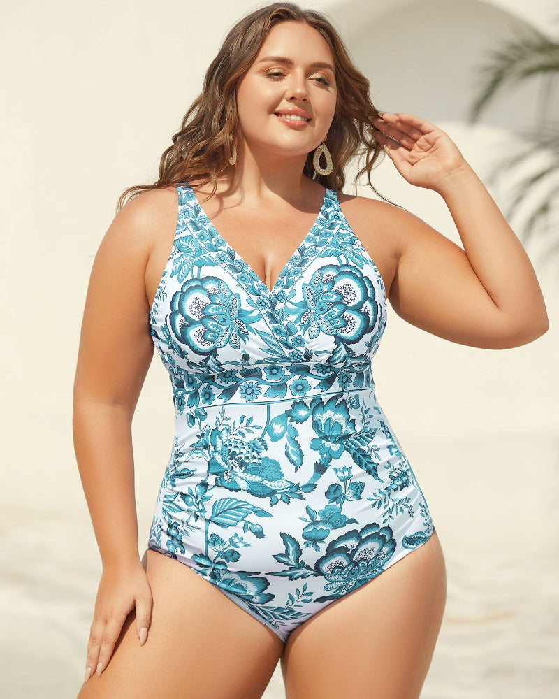 Two-Piece Floral Print Ruched Mesh Swimsuit, Sarong