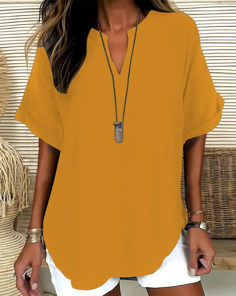 Relaxed V-Neck Short Sleeve Blouse