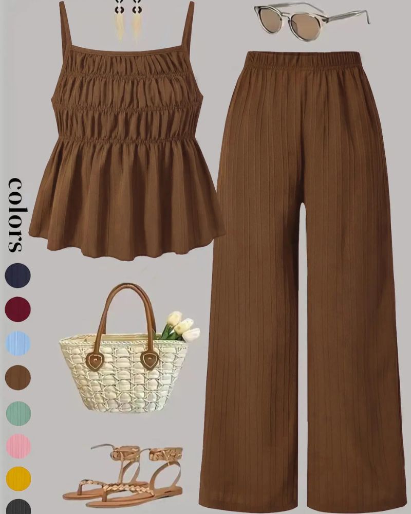 Solid Color Cami Top & Wide-Leg Pants Two-Piece Set