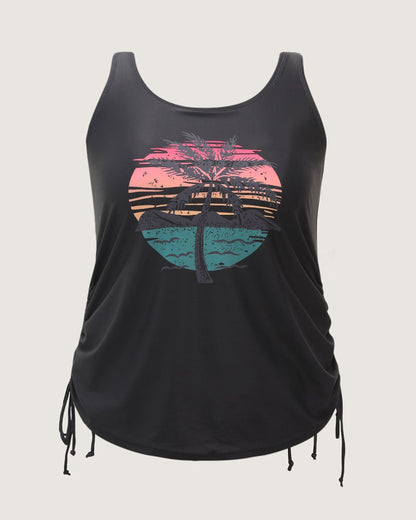 Island Print Drawstring Adjustable Swim Top