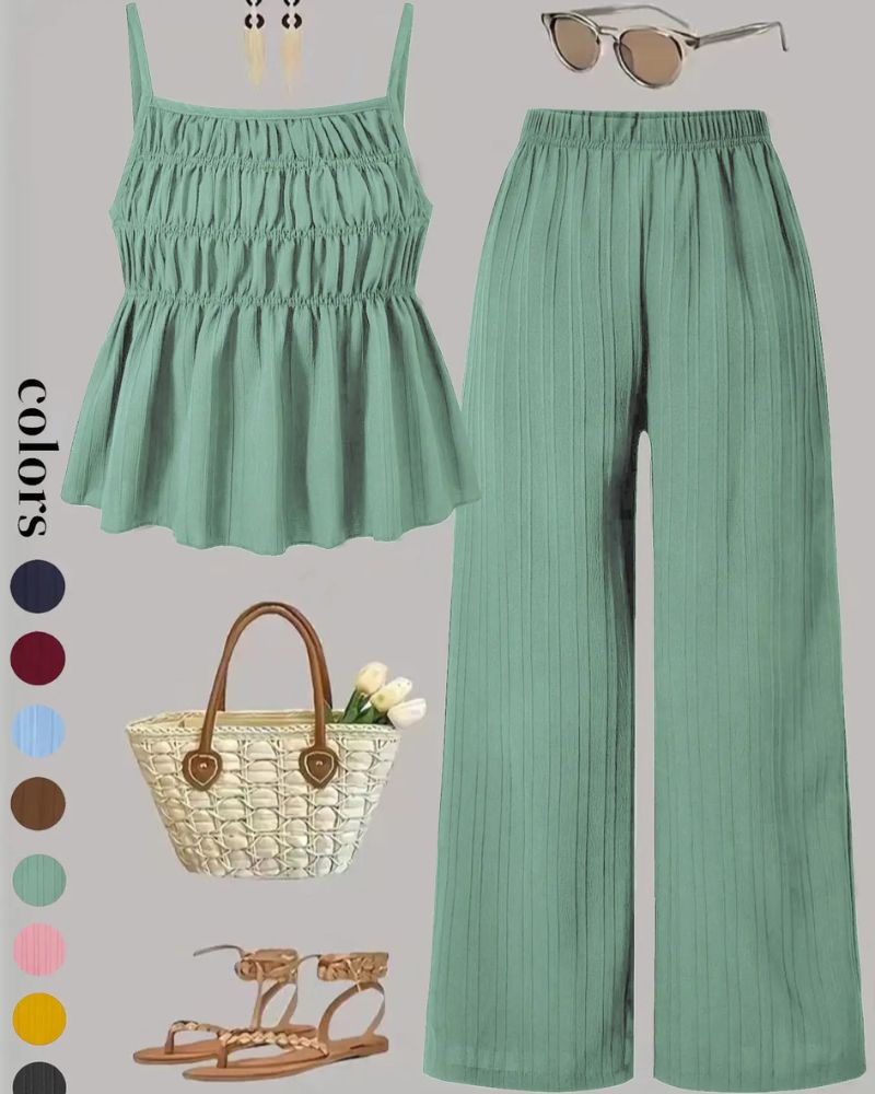 Solid Color Cami Top & Wide-Leg Pants Two-Piece Set