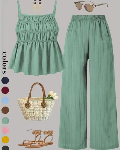 Solid Color Cami Top & Wide-Leg Pants Two-Piece Set