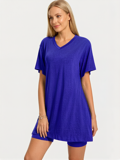 Women Summer Lounge Set Oversized Tee Biker Shorts Reversible Tracksuit