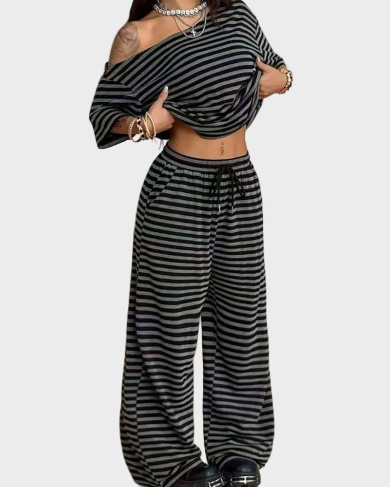 Striped Off-Shoulder Wide-Leg Two-Piece Set