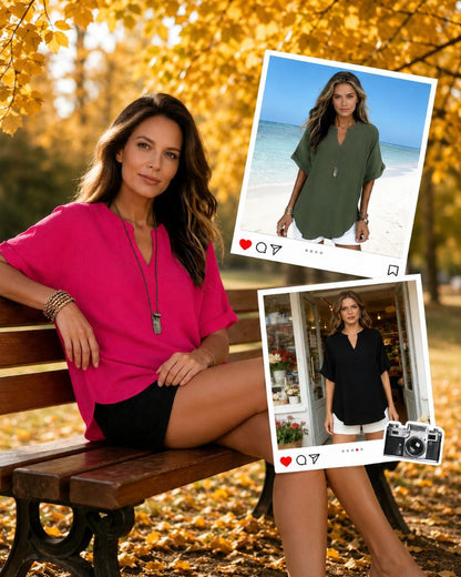 Relaxed V-Neck Short Sleeve Blouse