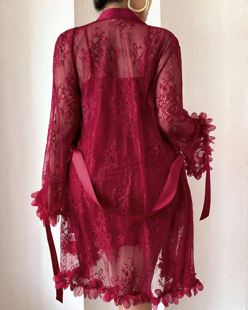 Plus size Lace Cami Nightgown & Floral Lace Trim Wide Sleeve Sheer Robe