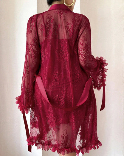 Plus size Lace Cami Nightgown & Floral Lace Trim Wide Sleeve Sheer Robe