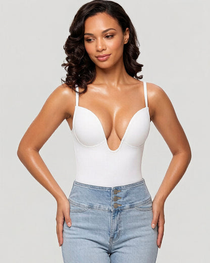 Women's U Plunge Strapless Tummy Control Bodysuit Low Back Built In Bra Shapewear