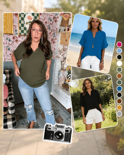 Relaxed V-Neck Short Sleeve Blouse