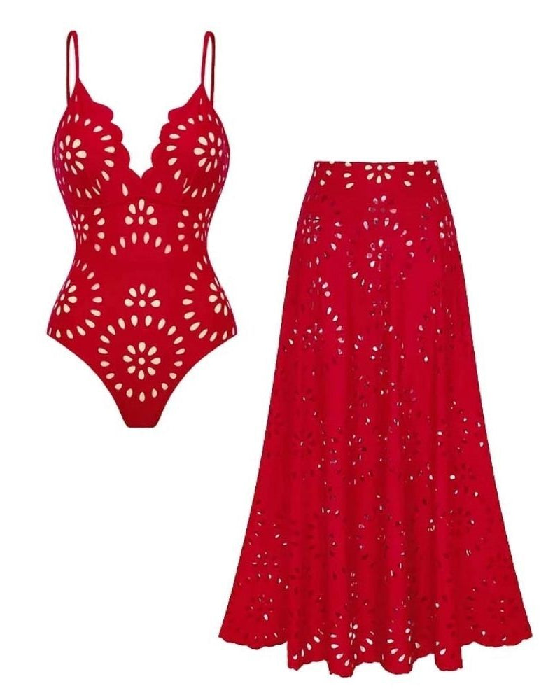 Shapecurve® Flower Hollow One Piece Swimsuit and Skirt
