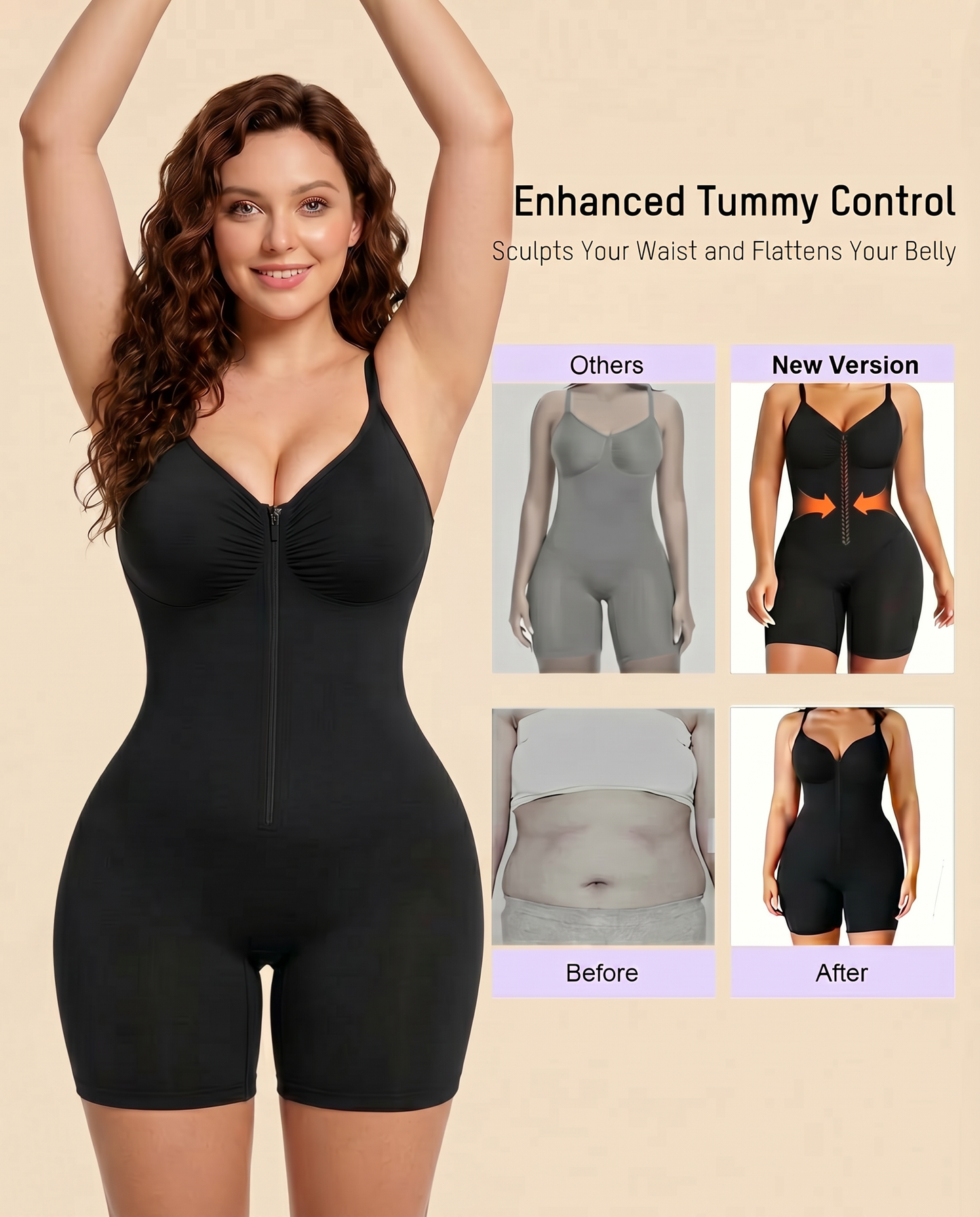 Women's High Elastic Zipper Adjustable Straps Breathable Mesh Design Tummy Control Body Shaper