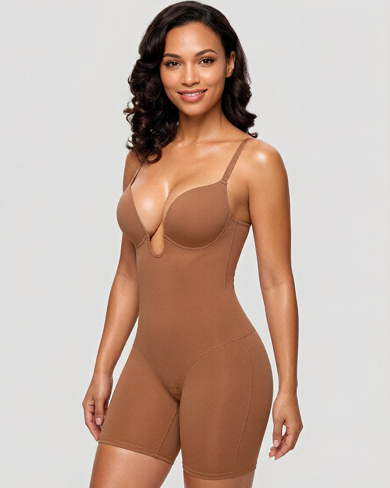 Women's U Plunge Strapless Tummy Control Bodysuit Low Back Built In Bra Shapewear