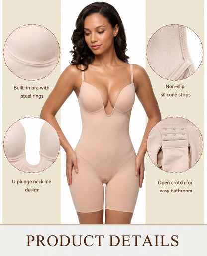 Women's U Plunge Strapless Tummy Control Bodysuit Low Back Built In Bra Shapewear